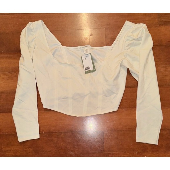 H&M Tops - Women's XL Cropped chic White Long Sleeve Square Neck Corset Top Blouse H&M NWT‎